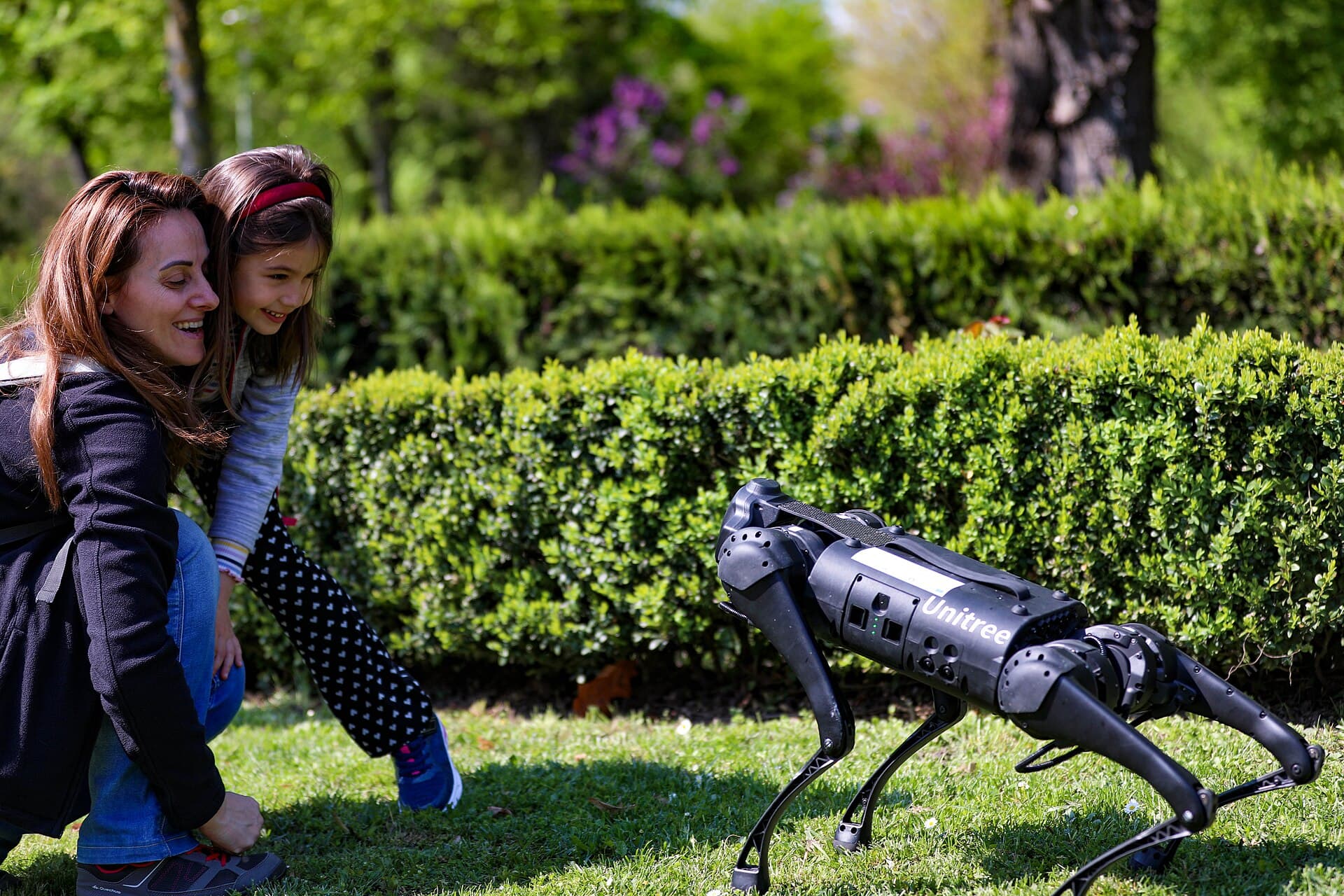 A family playing with a RoboBuddy Go 2 Pro robot dog in a park